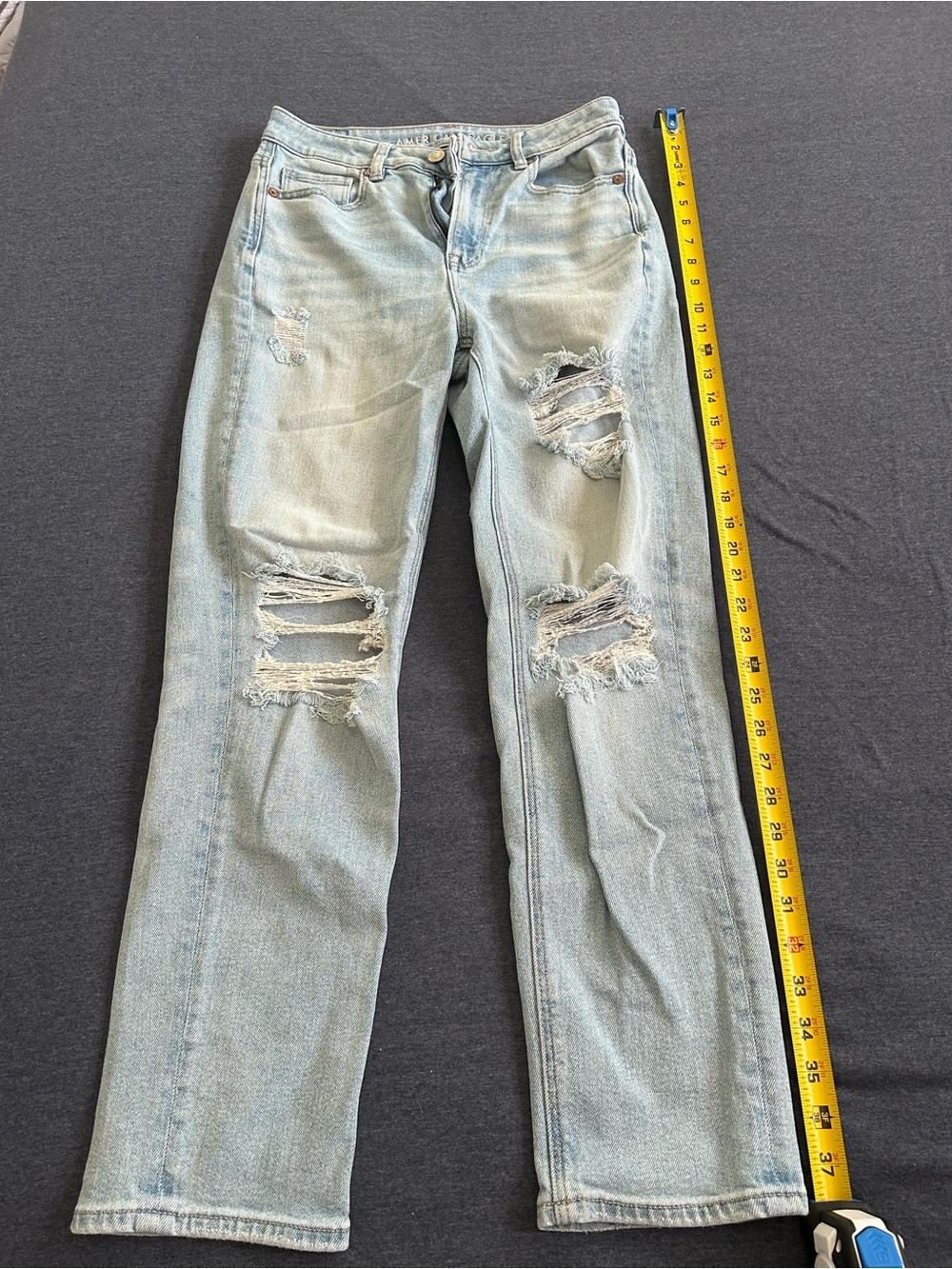 American Eagle Outfitters Light Blue Distressed High Waisted Straight Leg Jeans